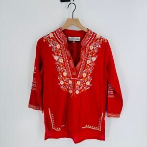 J. Peterman Embroidered Cotton Tunic Top Red-Orange Boho Peasant Style Small